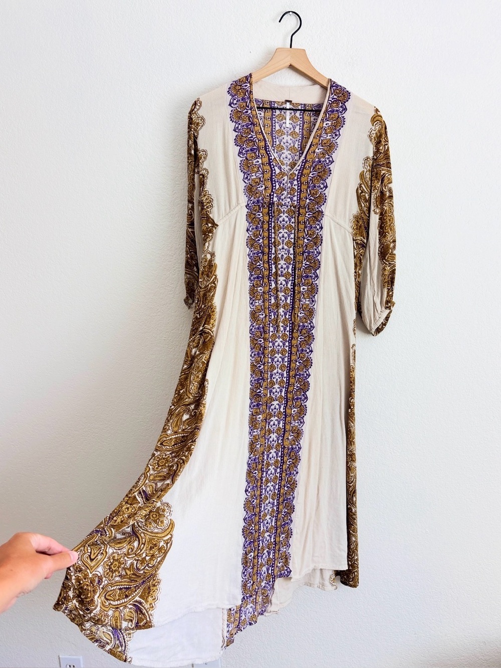 Free People Azalea Bohemian Cream Maxi Dress with Gold Paisley Trim